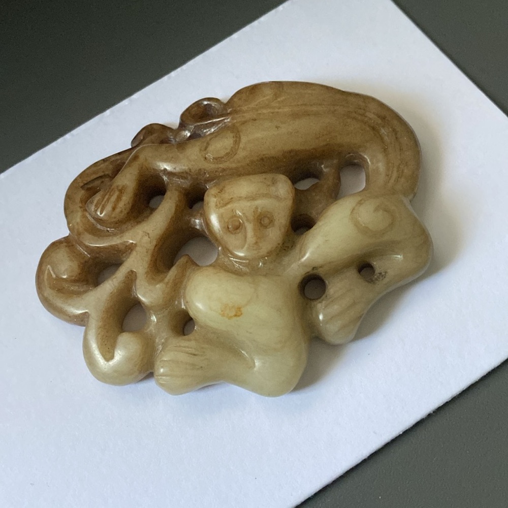 Vintage Asian Carved Stone Serpentine Monkey Pendant